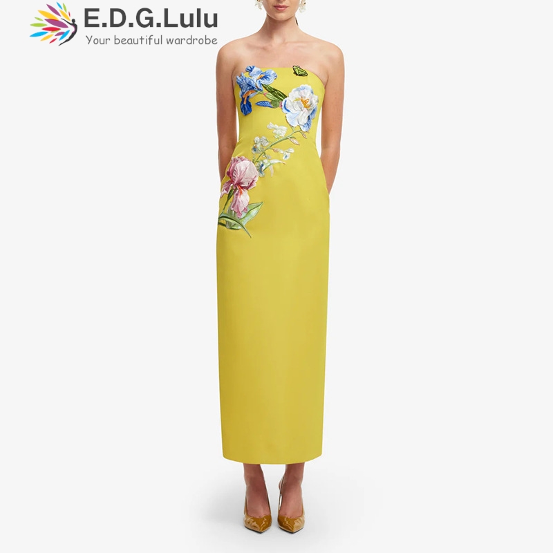 Embroidery Yellow Dress - EDGLuLu 3d Embroidery Flower Strapless Dress