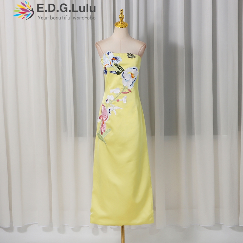 EDGLuLu 3d Embroidery Flower S - Embroidery Yellow Dress 评论和价格