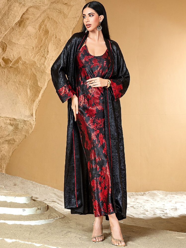 Black Red Open Kimono Abaya Da - Embroidery Kebaya 评论和价格