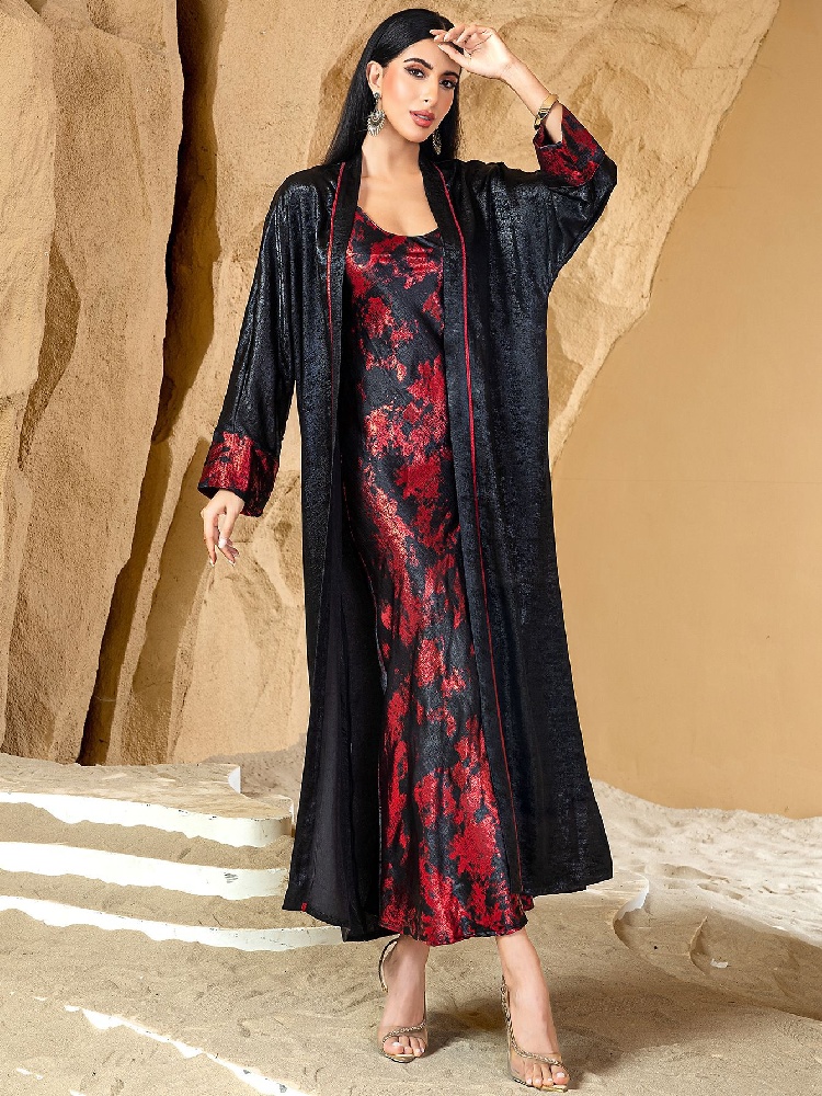 Black Red Open Kimono Abaya Da - Embroidery Kebaya 评论和价格