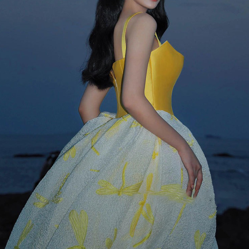 Elegant Yellow Satin Top Pagea - Embroidery Yellow Dress 评论和价格