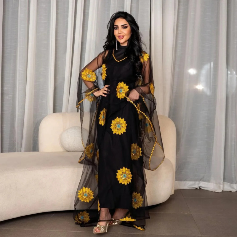 Women Floral Embroidered Maxi  - Embroidery Yellow Dress 评论和价格
