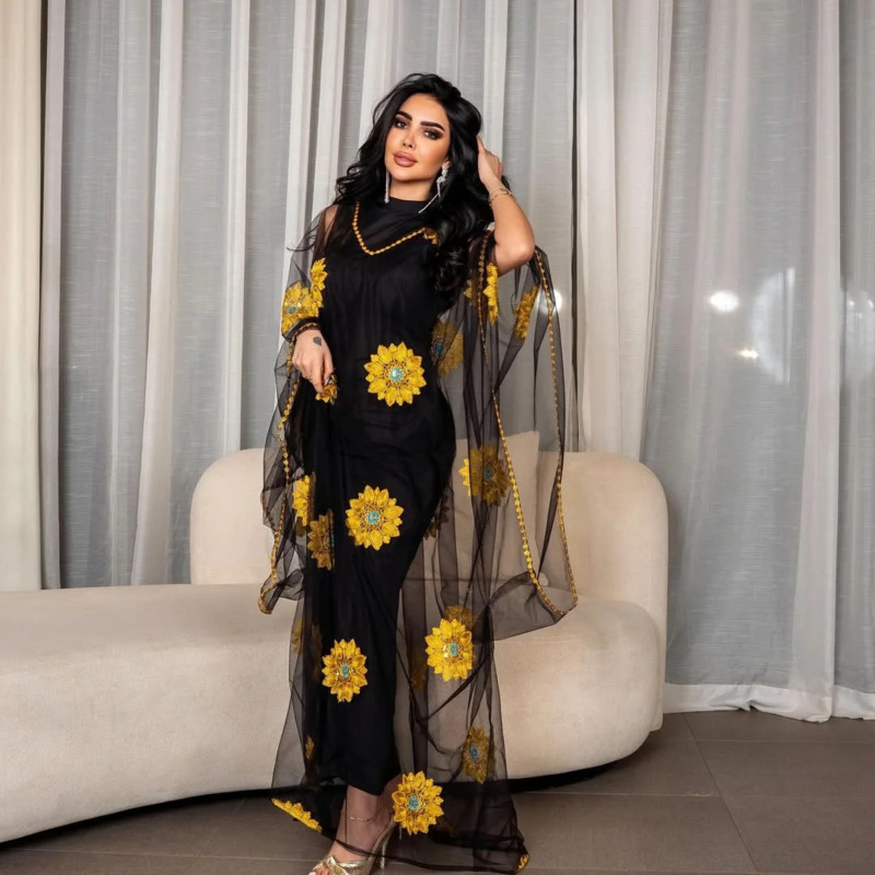 Women Floral Embroidered Maxi  - Embroidery Yellow Dress 评论和价格